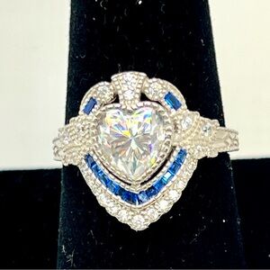 Heart-Shaped Moissanite w/ CZ & Lab-Created Sapphire Double-Halo, Marked 925